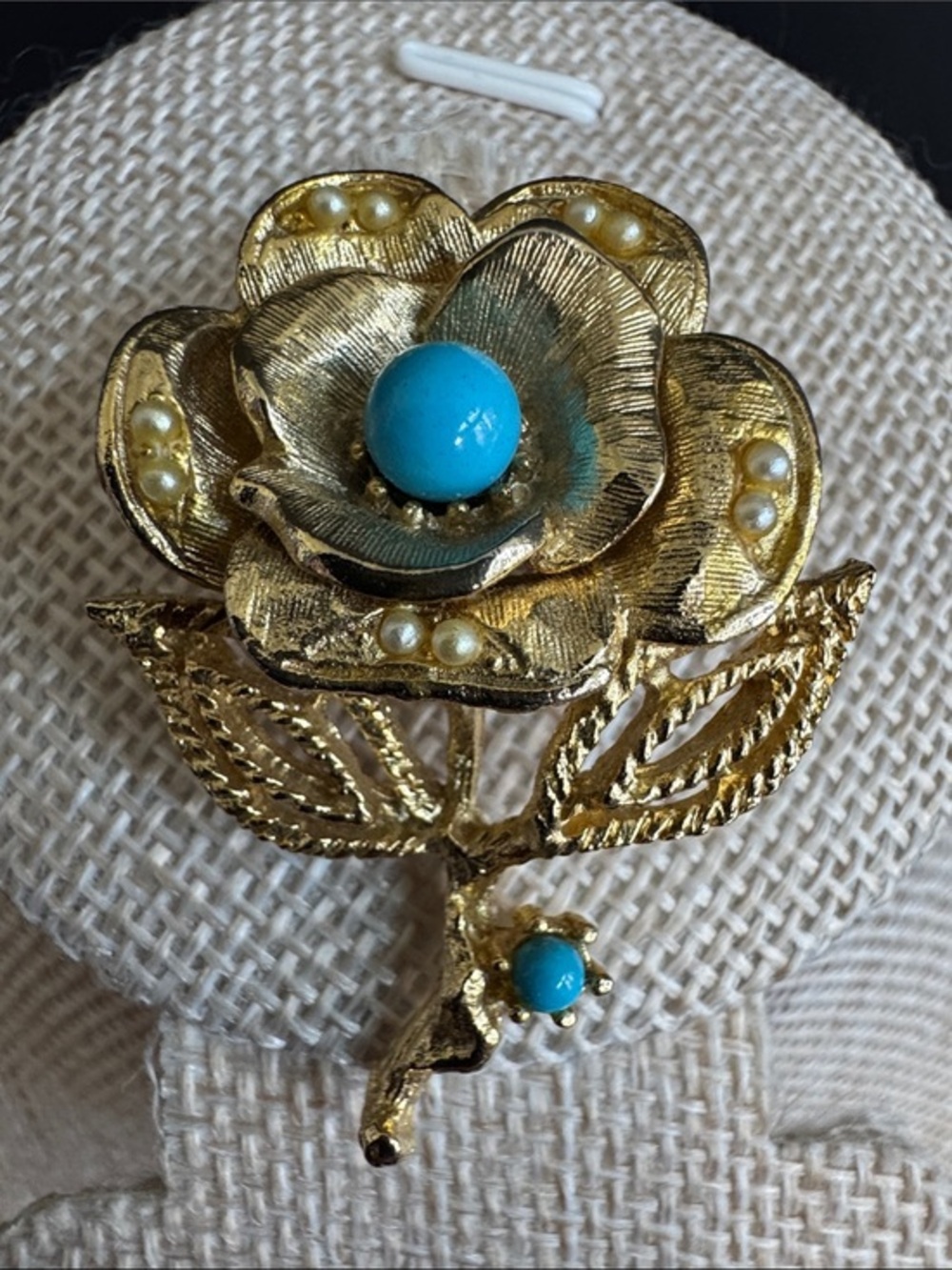 VTG 1960s Gold Tone Rose Flower Brooch Pin Faux Turquoise Cabochon Pearl